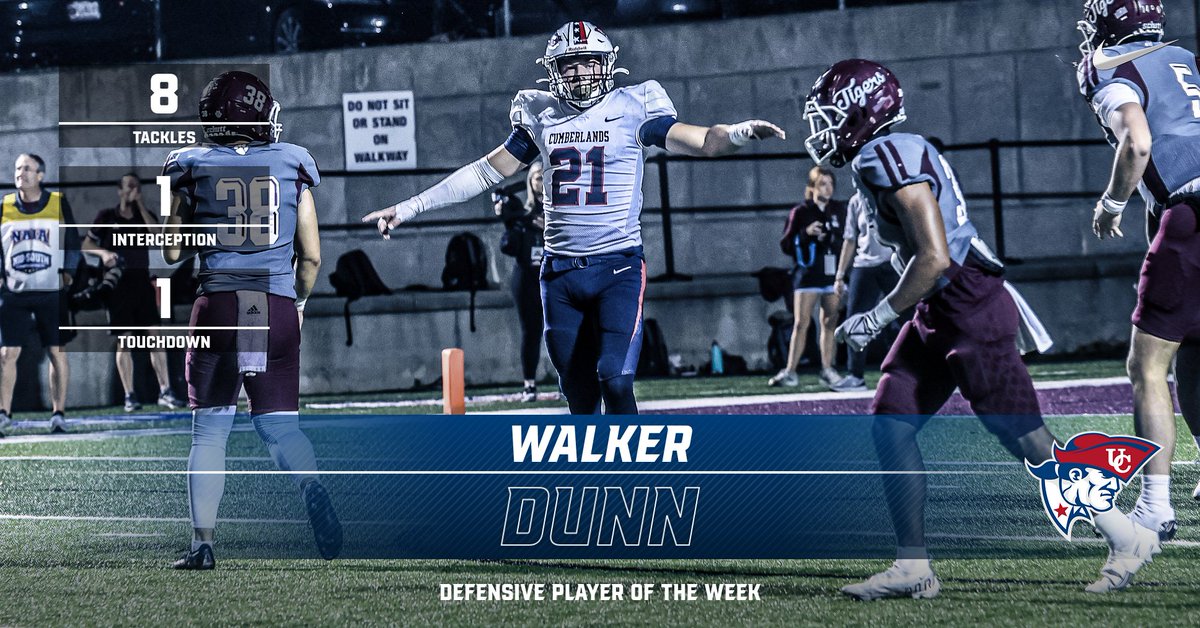 Congratulations to our Defensive Player of the Week vs. Campbellsville - @bama_walker Walker had a productive day with 8 tackles and a 26 yard pick 6 that put the Patriots up early and was ultimately one of the deciding touchdowns in a tight contest!