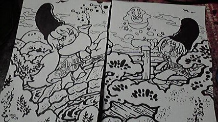 これは、今宵描いた突撃レーザーさんのキャラ、陰陽関土門八堤と陰陽宿砂原明星のイラストの線原画(白目)