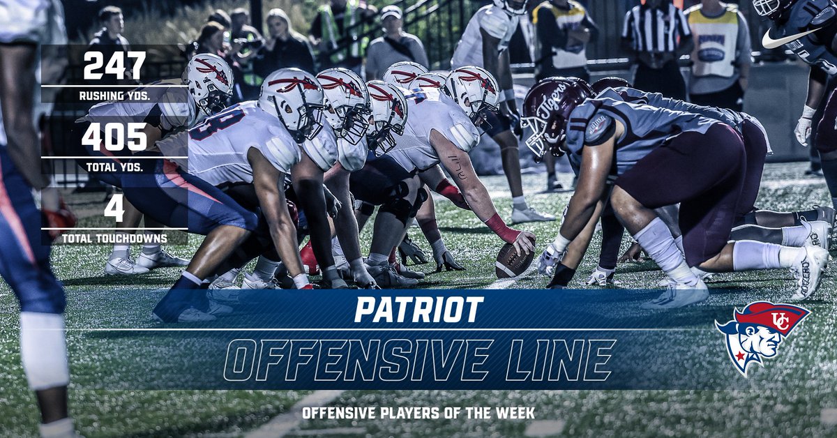 Congratulations to our Offensive Players of the Week vs. Campbellsville - The Patriot Offensive Line The O-Line contributed to one of the most productive games of the season with 247 on the ground. They also held up in protection to tack on another 185 passing yards!