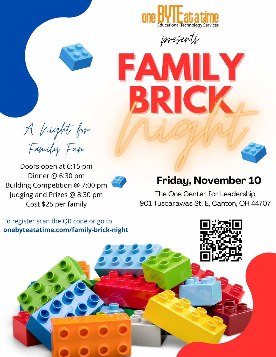 Don't miss our first Family Brick Night. This is open to all ages. You will enjoy dinner, a LEGO Masters style family competition, judging and prizes. Register by November 6 at onebyteatatime.com/family-brick-n…