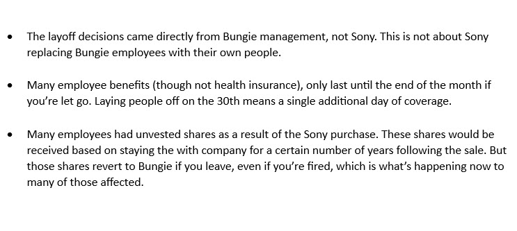 New info about the Bungie layoffs. Per a source: