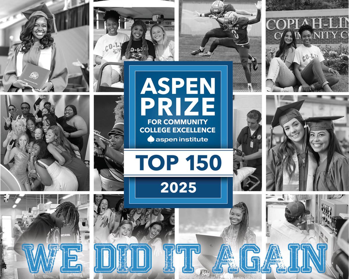 CopiahLincolnCC's tweet photo. We did it AGAIN! For the 4th time, Co-Lin has been named one of the Top 150 community colleges in the nation by the Aspen Institute for Community College Excellence! Over 1,000 colleges were considered and we feel honored to be among the Top 150 in the country. #ChooseCoLin https://t.co/UONa8Kxbuj