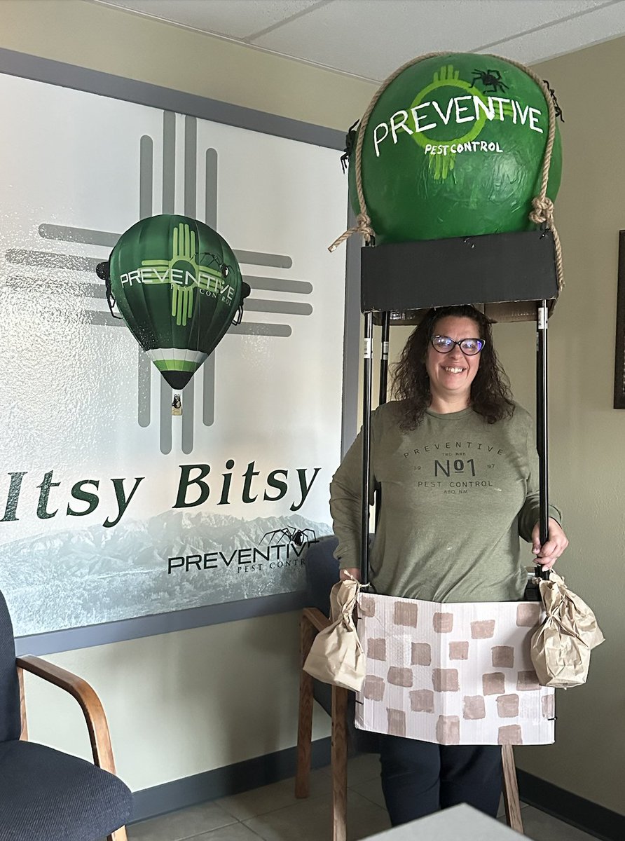 PestControlNM's tweet image. Happy Halloween from all of us at Preventive Pest Control!
Here&apos;s our very own Dolores dressed up as Itsy Bitsy.
#Halloween #happyhalloween📷