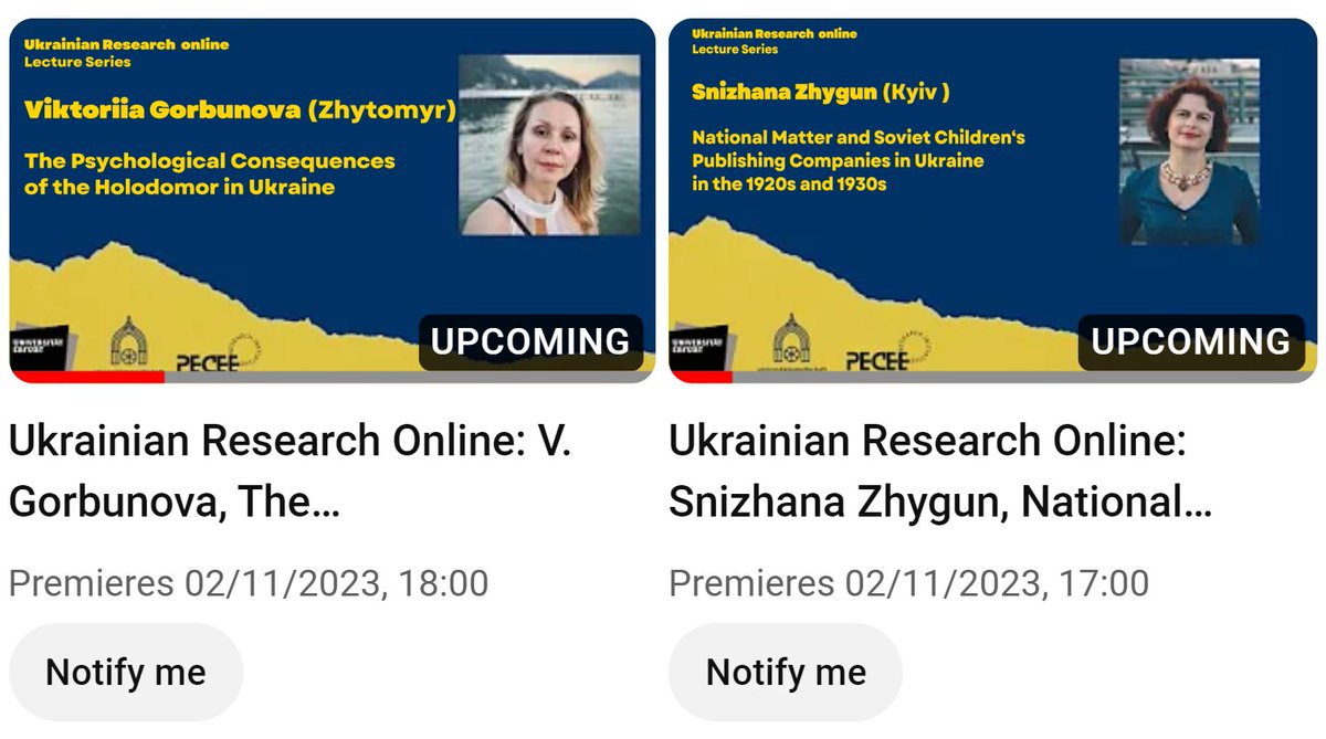 Ukrainian Research Online continues! 2.11.2023, 17 CET: S. Zhygun: "National Matter and Soviet Children‘s Publishing Companies in Ukraine in the 1920s and 1930s" // 18 CET V. Gorbunova: "The Psychological Consequences of the Holodomor in Ukraine". URL: youtube.com/channel/UCj5jD…