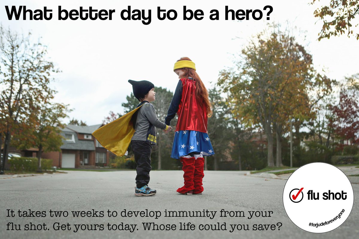 4jude4everyone's tweet photo. On a day when you can be anything, why not be a hero?
Your #FluShot now could help you stay well and prevent the flu from reaching someone who may not survive it this year, and that's everything. Book today. Whose life could you save?
#ForJudeForEveryone #FluPreventionWeek https://t.co/CPyAm78MbB