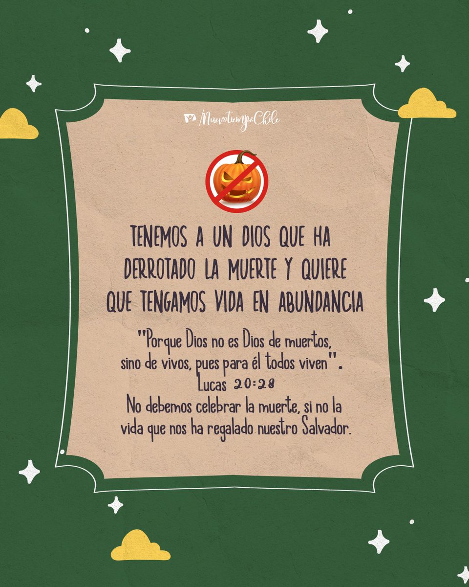 ntchile's tweet photo. 👻 🎃🚫 En este día en donde las #tinieblas tienen mayor protagonismo, debemos levantar el estandarte de #Cristo 💪☝🙌 Es por esto que te invitamos a #COMPARTIR ❗ este post 👆 para que el mundo 🌎 sepa que los #CRISTIANOS NO CELEBRAMOS #HALLOWEEN 👻 🎃🚫 https://t.co/WewMO3CLce