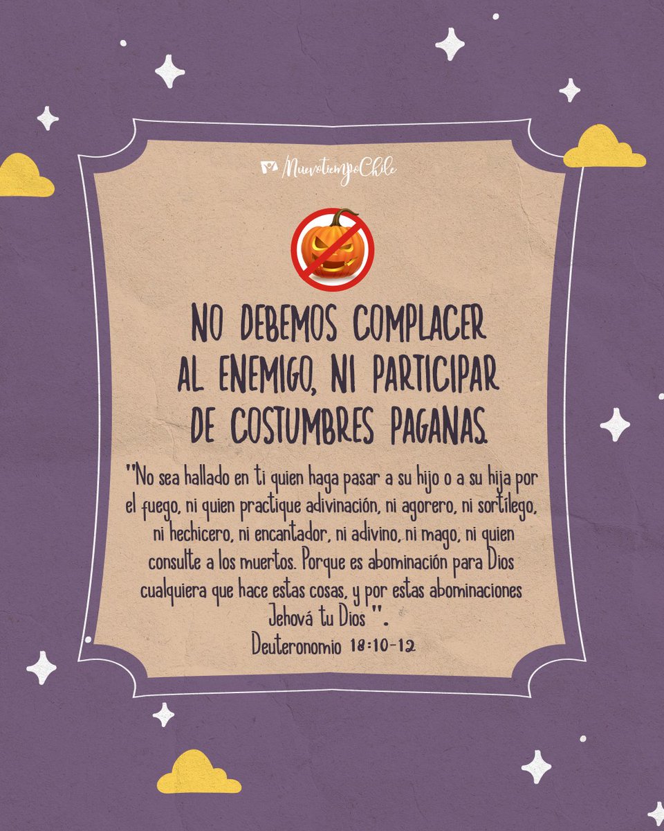 ntchile's tweet photo. 👻 🎃🚫 En este día en donde las #tinieblas tienen mayor protagonismo, debemos levantar el estandarte de #Cristo 💪☝🙌 Es por esto que te invitamos a #COMPARTIR ❗ este post 👆 para que el mundo 🌎 sepa que los #CRISTIANOS NO CELEBRAMOS #HALLOWEEN 👻 🎃🚫 https://t.co/WewMO3CLce