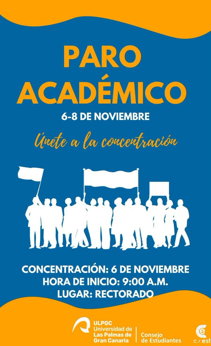 🔴 CONVOCATORIA DE PARO ACADÉMICO‼️

📆 Del 6 al 8 de noviembre.
👥 Concentración el 6 de noviembre a las 9:00 en el Rectorado.