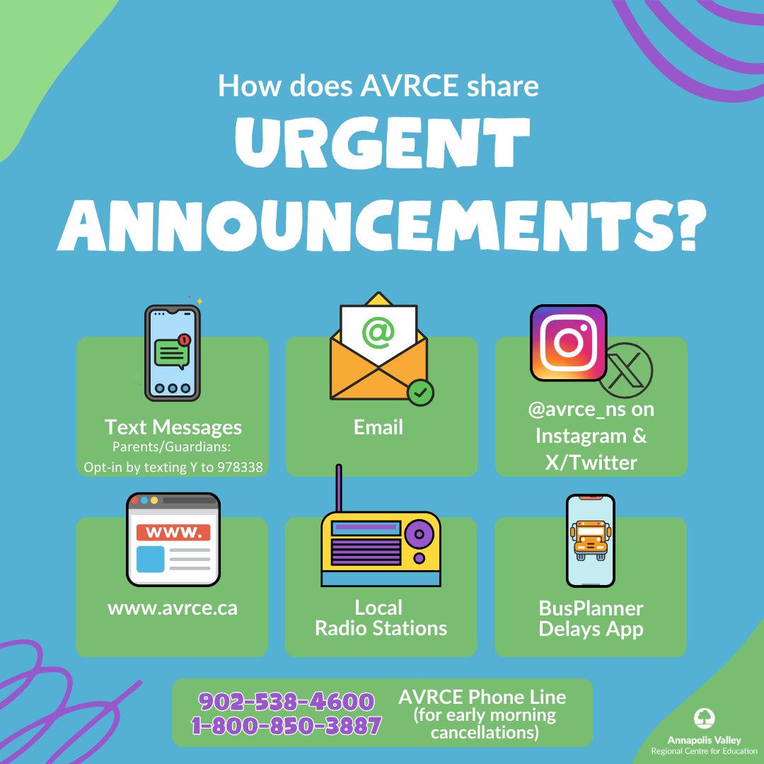 When we have urgent information to share, like a school cancellation or delayed start, we get the word out in many different ways, including texts, emails, local radio, Instagram &amp; X/Twitter, and avrce.ca.  

More info: avrce.ca/storm-daysscho…