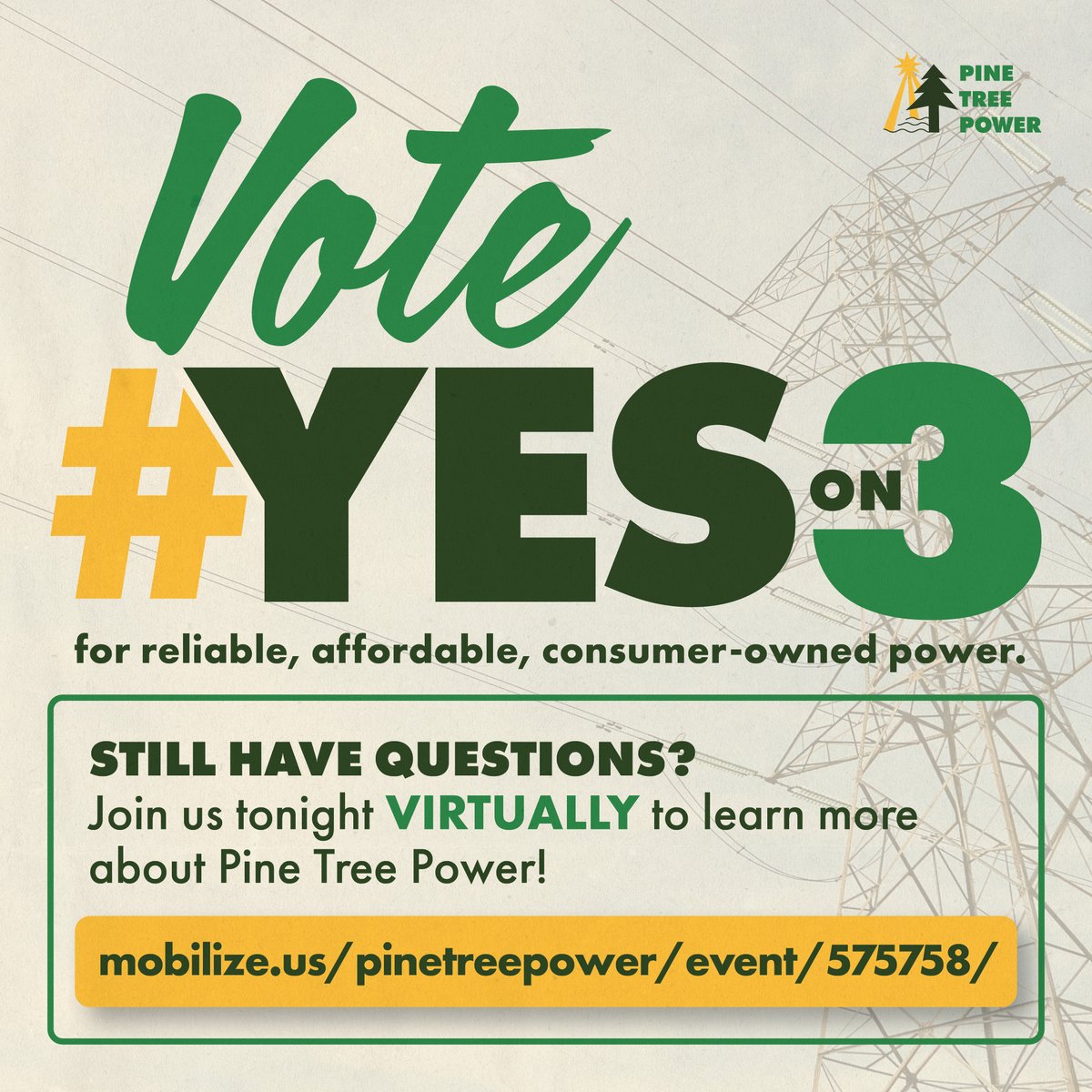 Mainers, Election Day is near. Vote #YesOn3 to reject out-of-state corporations & prioritize OUR communities. Undecided? Join our virtual event to get direct answers: loom.ly/TIyj6B4 For affordable, reliable, locally-controlled power, vote #YesOn3! 🌲💡