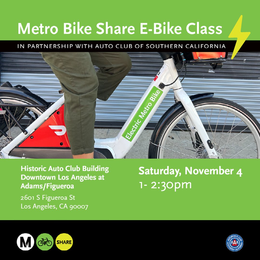 The next 2 Metro Bike Share e-bike classes are being held at the Historic Auto Club in Downtown Los Angeles on 11/4 and 11/12. Sign up today to learn about all things e-bikes! 🚲🚲ow.ly/3Shz50Q2JrV