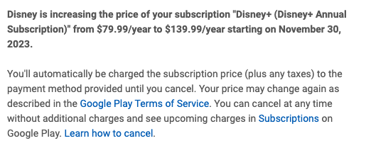 For Reals, from 79.99 a yr to 139.99, 57% Price increase, Are we making up the revenue of the parks failing? Who does that? For the same content? Cheaper to pay for one month over the holidays and binge watch everything and then terminate. Sorry Ashoka and Mando, we gots to roll.