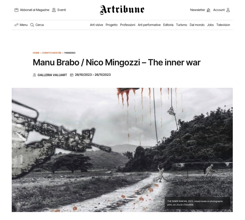 valuartdotcom's tweet photo. It has been exciting to follow the extensive media coverage on “The Inner War” exhibition at the @valuartdotcom Gallery. A showcase of @ManuBrabo &amp; @Nico_Mingozzi’s art, curated by @CleliaPatella in collaboration with @DeChiricoArte. Discover the articles ⬇️

1/14 https://t.co/yntRWzGdDd