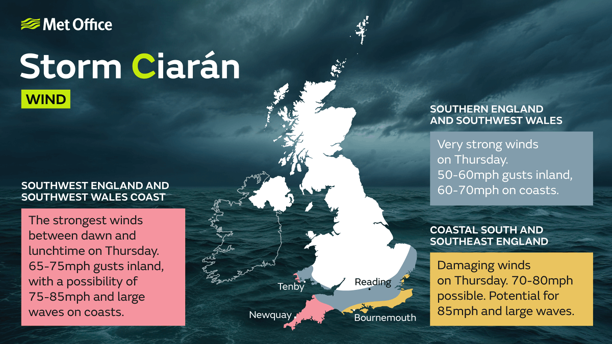 #StormCiarán will bring very strong and damaging winds to the south of the UK on Wednesday evening and throughout Thursday For more information on the warnings, visit bit.ly/WxWarning ⚠️ Stay #WeatherAware