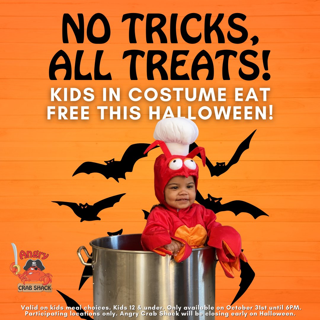 No tricks, all treats! This Halloween, kids in costume eat FREE at Angry Crab Shack 🎃👻

#HappyHalloween

#halloween #horror #spooky #art #cosplay #horrormovies #october #halloweencostume #kidseatfree #halloweenpromotion #kidsmeal #Crabbing #AzFoodie #Seafoodboil #trickortreat