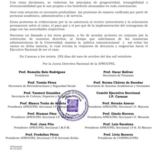 UPELMiranda's tweet photo. Comunicado de la Junta Directiva Nacional de la Asociación de Profesores de la Universidad Pedagógica Experimental Libertador (APROUPEL) en rechazo al trato que el Ejecutivo Nacional le está dando al personal de la UPEL.
#unive
#universidad
#somosupel
#upelmiranda
#docentes https://t.co/4Y3gqx9BAi