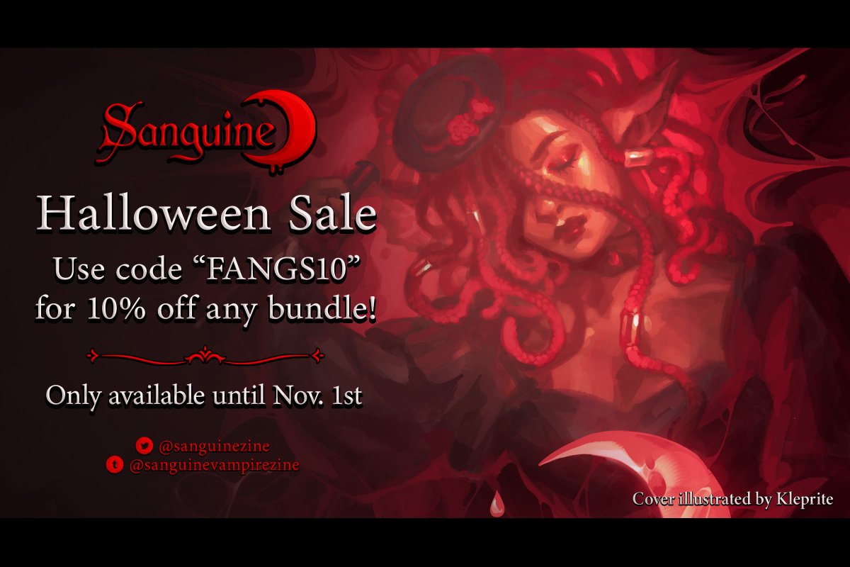 🩸Happy Halloween!🩸

🦇Use code "FANGS10" for 10% off any bundle!

This sale is only available until November 1st; don't let the night slip away. #HappyHalloween

🛒Shop: sanguinevampirezine.bigcartel.com