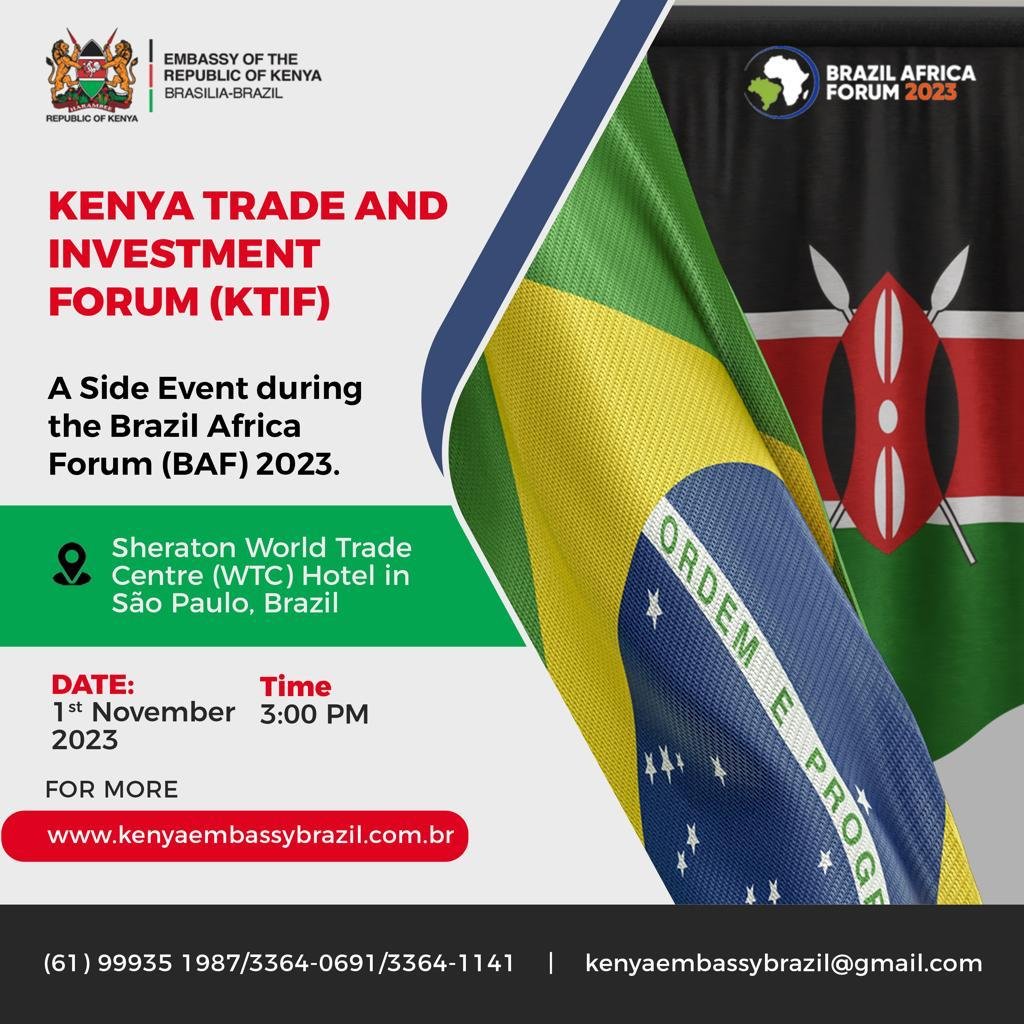 The Embassy will tomorrow hold a side event at the Brazil Africa Forum 2023 #BAF2023 in São Paulo showcasing trade and investment opportunities available in Kenya to a wide array of Brazilian captains of industry.