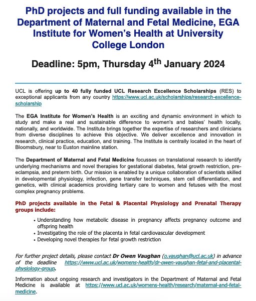 PhD projects and full funding available in the Dept of Maternal and Fetal Medicine in the EGA Institute for Women’s Health at University College London. UCL is offering up to 40 fully funded UCL Research Excellence Scholarships buff.ly/3X4iscC. For more details, see below