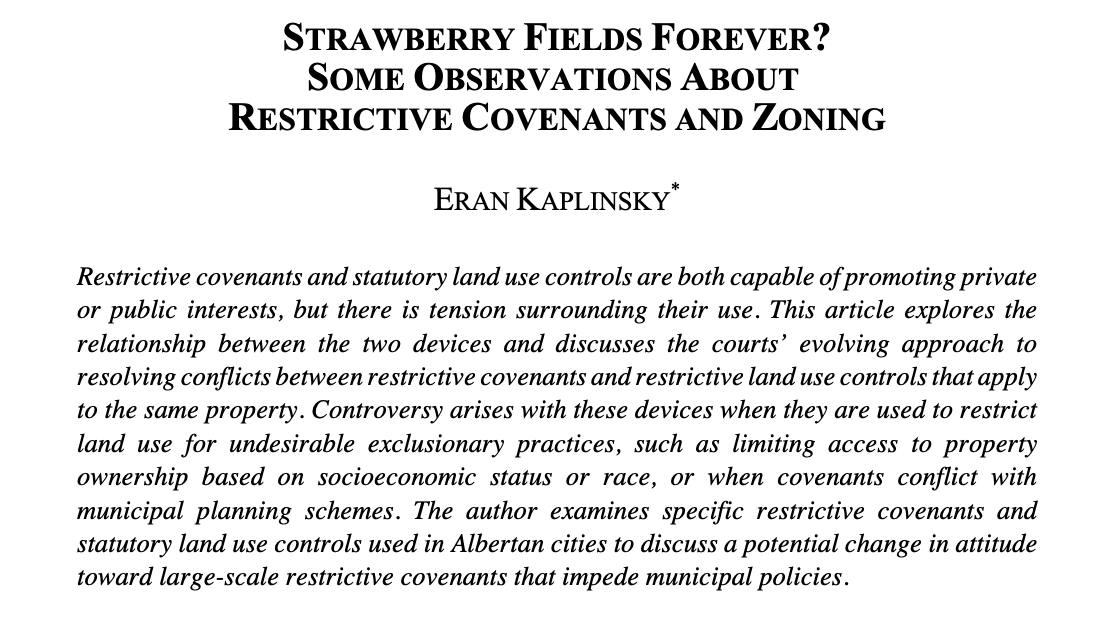 altalawreview's tweet photo. This article, by @UAlbertaLaw Professor @EranKaplinsky, explores the tension surrounding the use of restrictive covenants and statutory land use covenants. https://t.co/APXje8pq6W
