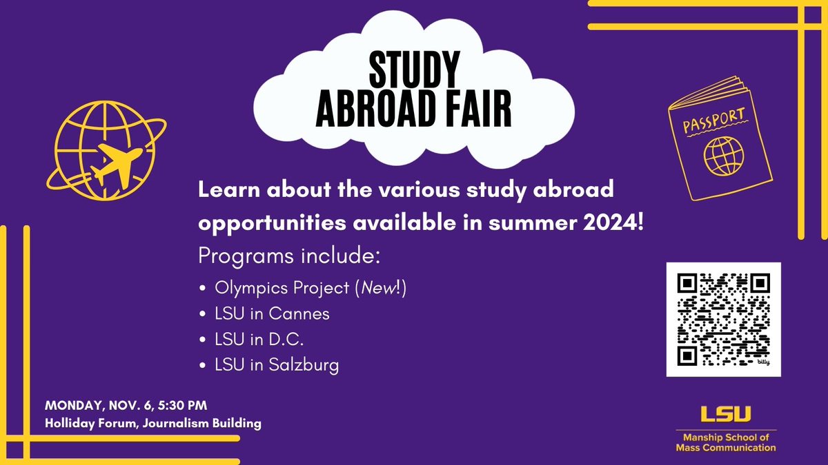 MANSHIP STUDENTS! 
We’re offering various study abroad opportunities in summer '24! Join us Nov. 6, at 5:30 p.m. to hear from program directors &amp; students and learn about courses &amp; scholarship opportunities!
✨[NEW] The Olympics Project (France)
✨Manship in Cannes (France)