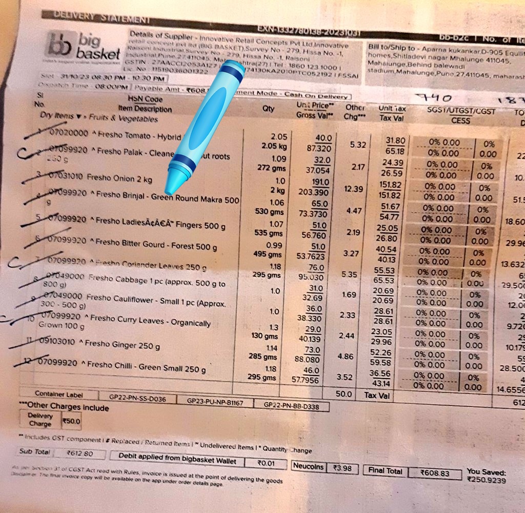 prathamesh_d_10's tweet photo. @bigbasket_com 
Order No.EXN-1332780138-20231031
Hi there, What Kind of a service is https://t.co/rT8jMIqdgz item in the below list haven't veen delivered and your delivery guy marked with his pen. I am raising this to the consumer court if no compensation is provided. https://t.co/AaWta4a0CN