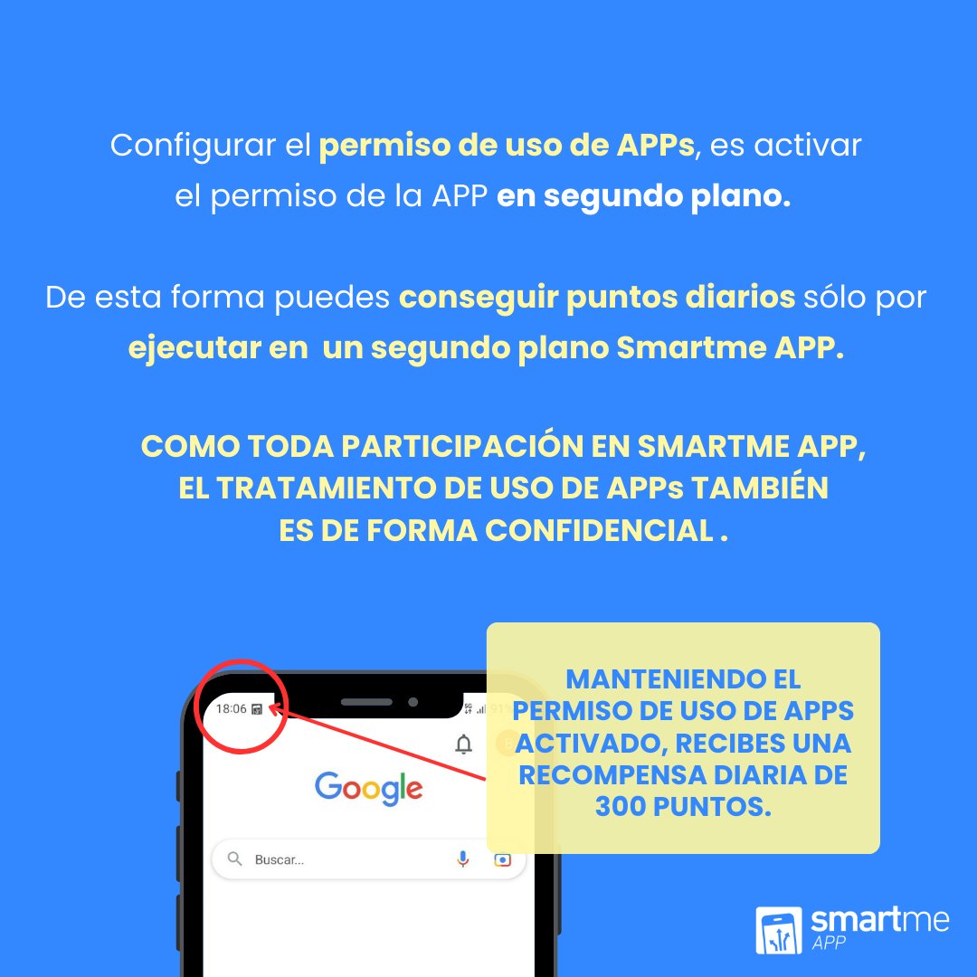 ¡Desliza 👉 y conoce cómo funciona el permiso de uso de APP en Smartme APP! 

Activarlo en tu dispositivo es muy sencillo, y puede hacerte ganar +300 puntos diarios en tu cuenta vip. 😉

#smartmeapp #permisos #dineroextra