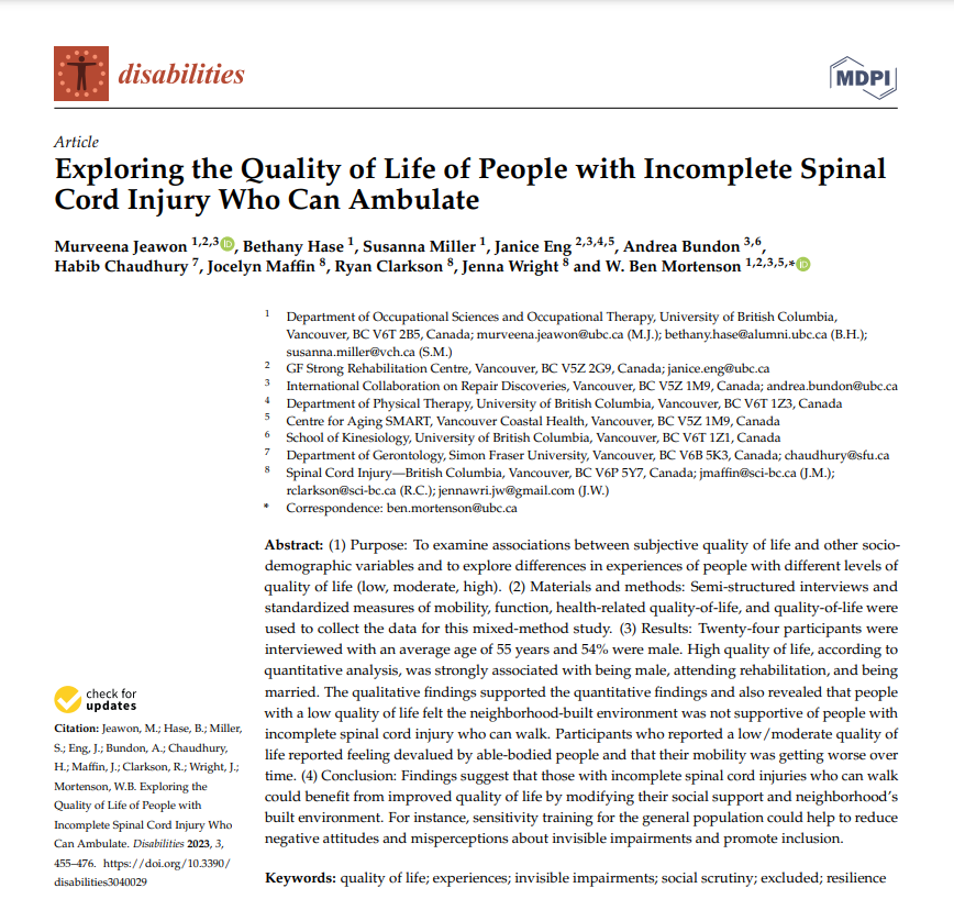 Disabil_MDPI's tweet photo. 📕Exploring the #QualityofLife of People with #IncompleteSpinalCordInjury Who Can #Ambulate.
New article published in the open-access journal, Disabilities, ✍️@mortensonlab et al.
Free full-text▶️https://t.co/zKrAXYKAtV
#disability #SpinalCordInjury #InvisibleImpairments https://t.co/70FpEefH85