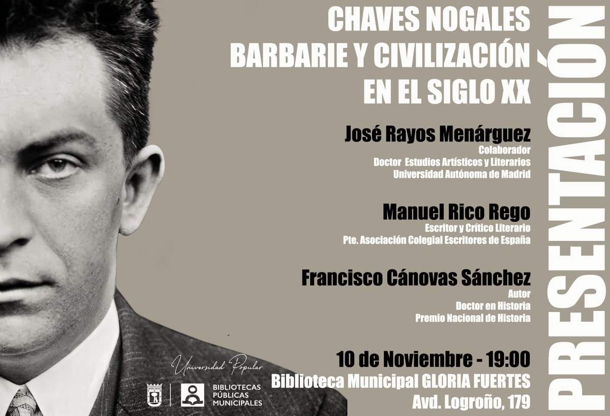 El próximo 10 de Noviembre a las 19:00 se presentará en la BM Gloria Fuertes (<a href="/bpmmadrid/">Bibliotecas Ayuntamiento de Madrid</a>) la más completa biografía sobre #ChavesNogales, periodista y escritor testigo de excepción de la convulsa primera mitad del siglo XX en España.

#Barajas