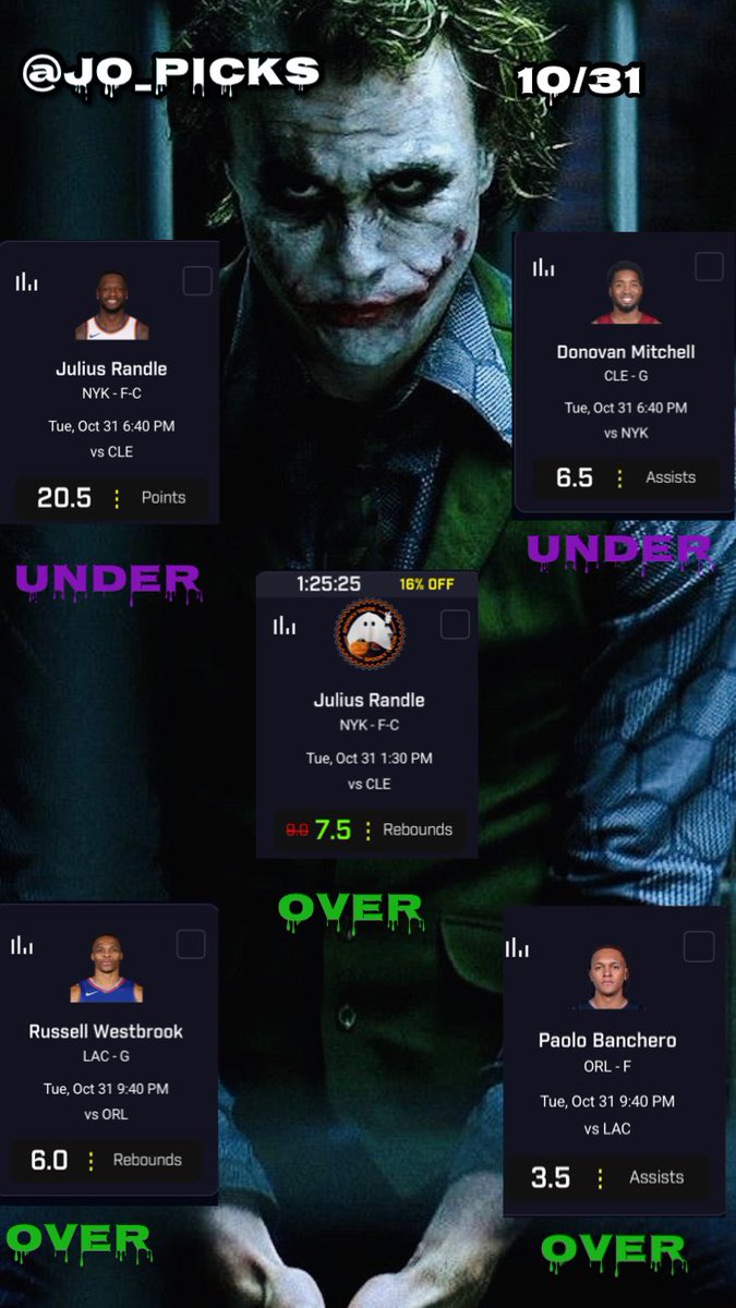 jo_picks's tweet photo. 10/31 Jo Picks Plays 🃏

Like and follow for good luck 🫡

#PrizePicks #GamblingTwitter #PlayerProps #UnderdogFantasy #DFS #FreePicks #DraftKings #SportsBetting  #BettingTips #FanDuel #NBA https://t.co/Rf4ugKqWlv