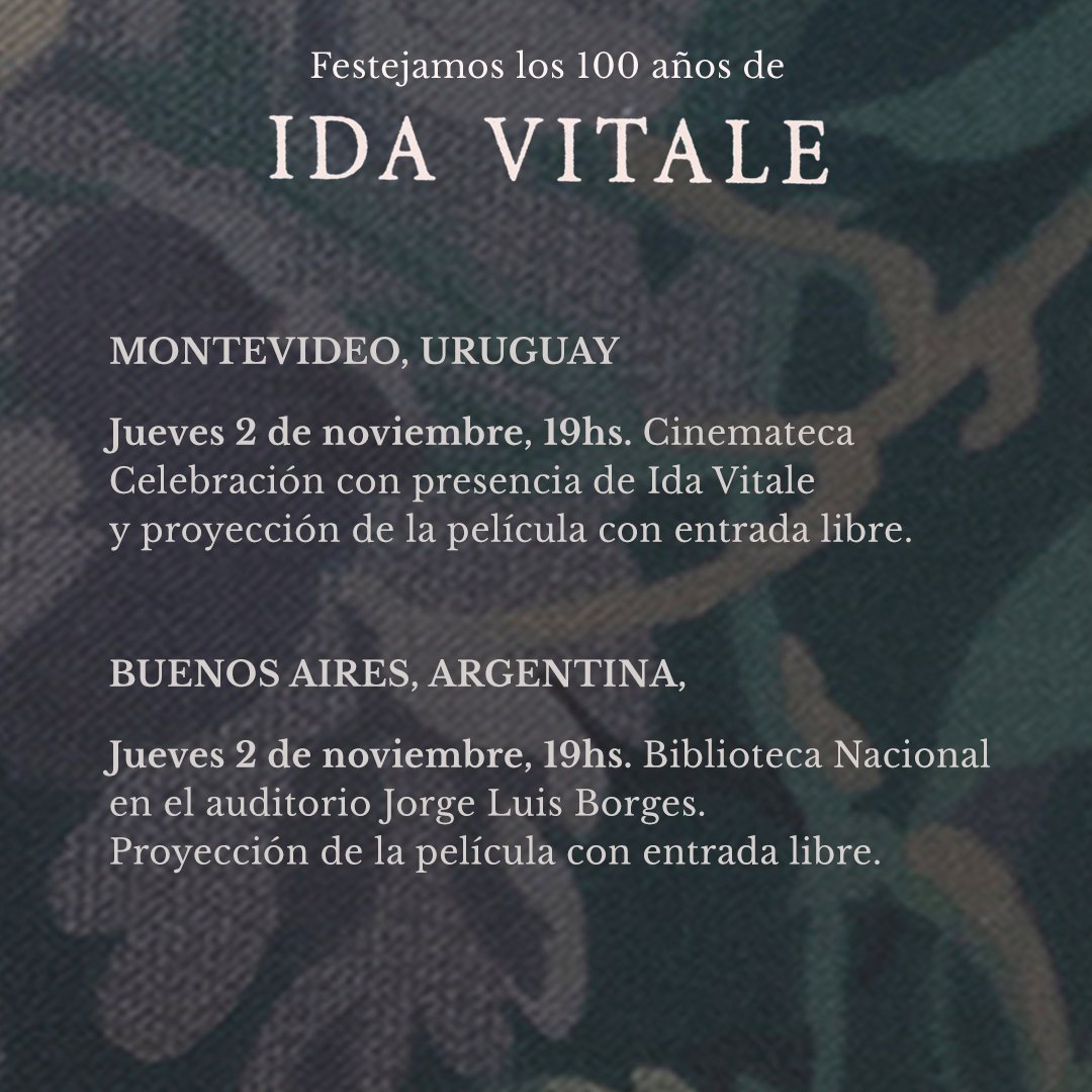 IdaPelicula's tweet photo. LOS 100 AÑOS DE IDA VITALE
Les presentamos la programación del festejo global del centenario de la poeta.

¡El jueves 2 de noviembre los invitamos a celebrar a Ida!

~ Montevideo en  
~ Buenos Aires en 
~ Madrid
~ Juzbado
~ Ciudad de México
~ Guadalajara https://t.co/9H0xLIXxXB