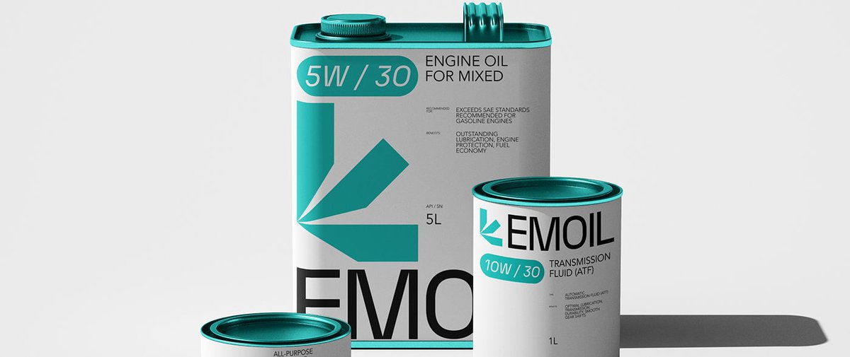 TheDieline's tweet photo. Tim Harrison and Tom Bennett's design for EMOIL machine oil redefines the industry's traditional look and feel. The brand's aluminum tins are thoughtfully balanced with vibrant colors that signify the specific oil variant contained within. 
https://t.co/k7fBJdeuDM https://t.co/Nu02IpnKRu