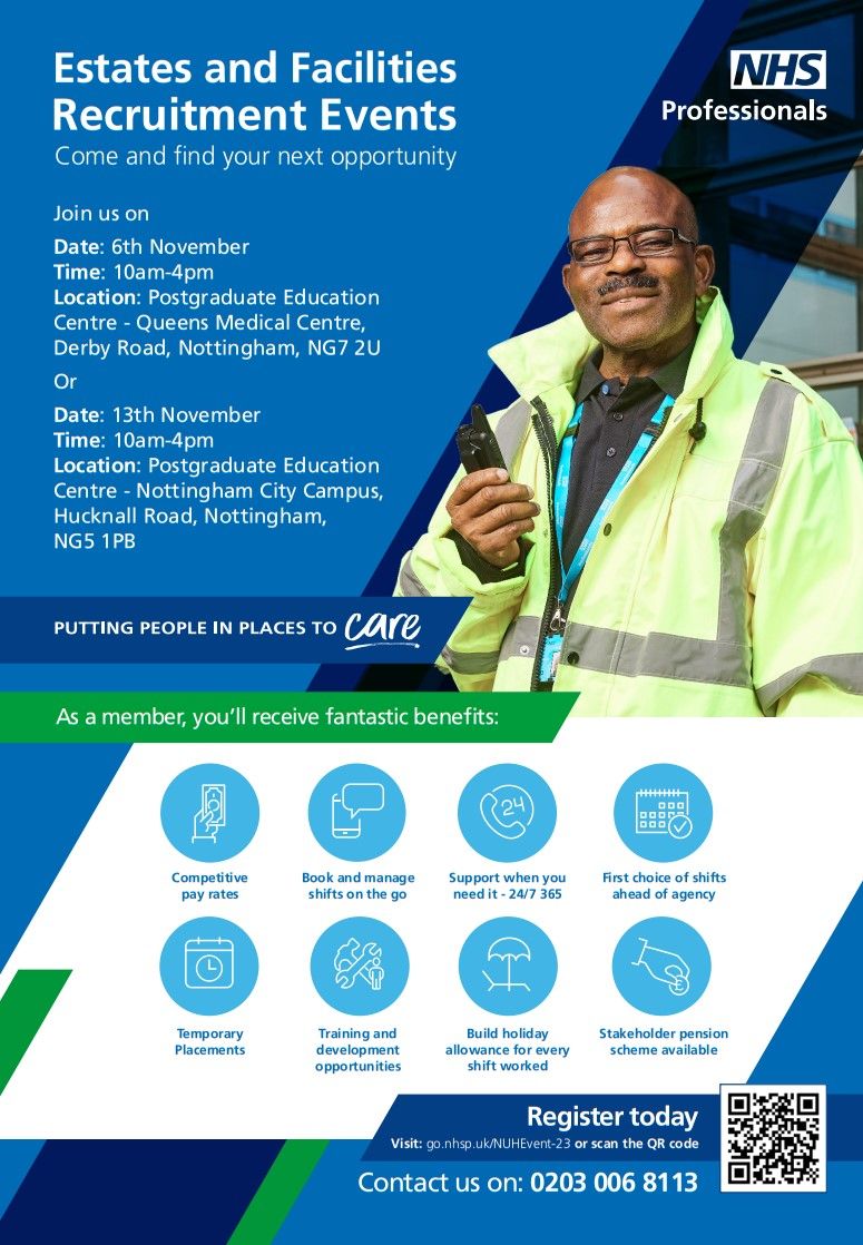 ESTATES &amp; FACILITIES RECRUITMENT EVENTS!

Do you know someone or are you interested in supporting NUH Trust through E&amp;F roles? Register for our upcoming recruitment events using QR code on poster! We look forward to seeing you there!

#NHSP #Recruitment #TeamNUH