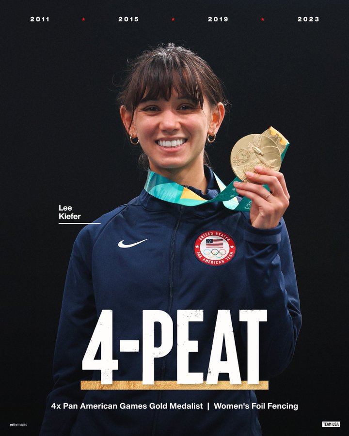 4-peat. Lee Kiefer has won four consecutive Pan American Games gold medals in women’s foil fencing. Kiefer poses with her forth Pan Ams gold medal.