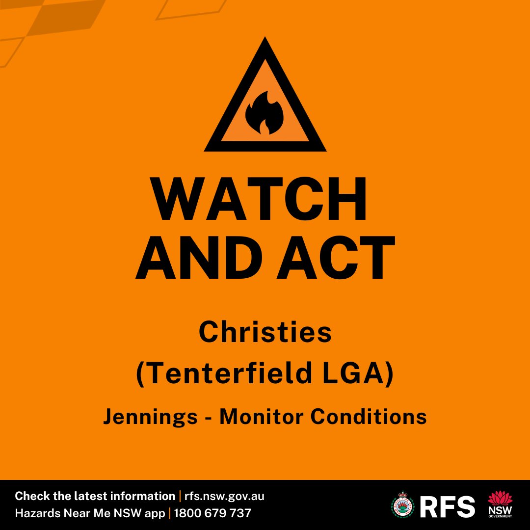 WATCH AND ACT: Christies (Tenterfield LGA) A fire continues burning around Jennings, near the QLD border. Firefighters continue working to protect properties. Monitor conditions and know what you will do if the fire threatens. For latest updates visit rfs.nsw.gov.au/fire.../major-…...
