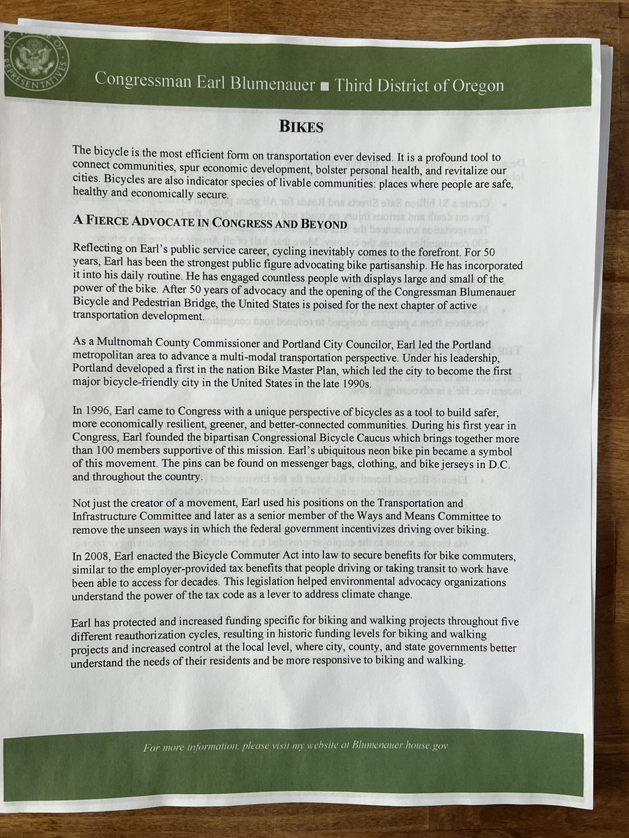 At the <a href="/repblumenauer/">Earl Blumenauer</a> presser where “Bikes” are 1 of 3 issues he has one-pagers laid out for next to his press release.