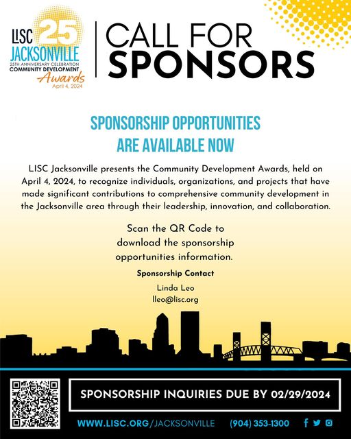 LISCJax's tweet image. Sponsorship opportunities are now open for the LISC Jacksonville 2024 Community Development Awards. We invite you to join us in highlighting the unsung heroes who are working hard to revitalize
Jacksonville’s most challenged neighborhoods. #liscjax