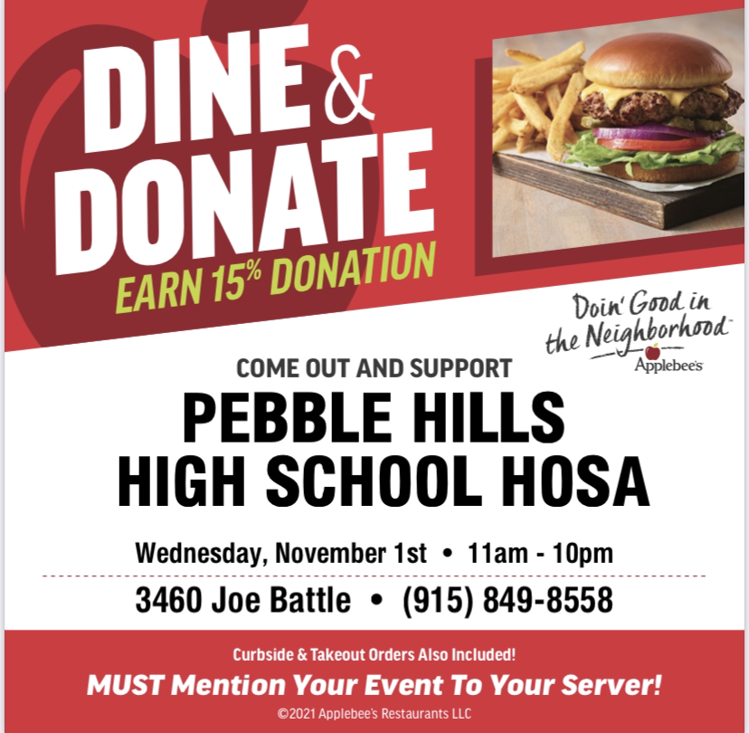 phhshosa's tweet photo. Looking for a place to grab a bite for lunch in the afternoon or later for dinner? Come out and support our HOSA chapter tomorrow at Applebee's All-Day from 11 am to 10 pm! Don't forget to mention us! Thank you! @ApplebeesEPLC
#Area4 #TexasHOSA #TeamSISD #RISE #HOSA https://t.co/Y6DLzHgWuY