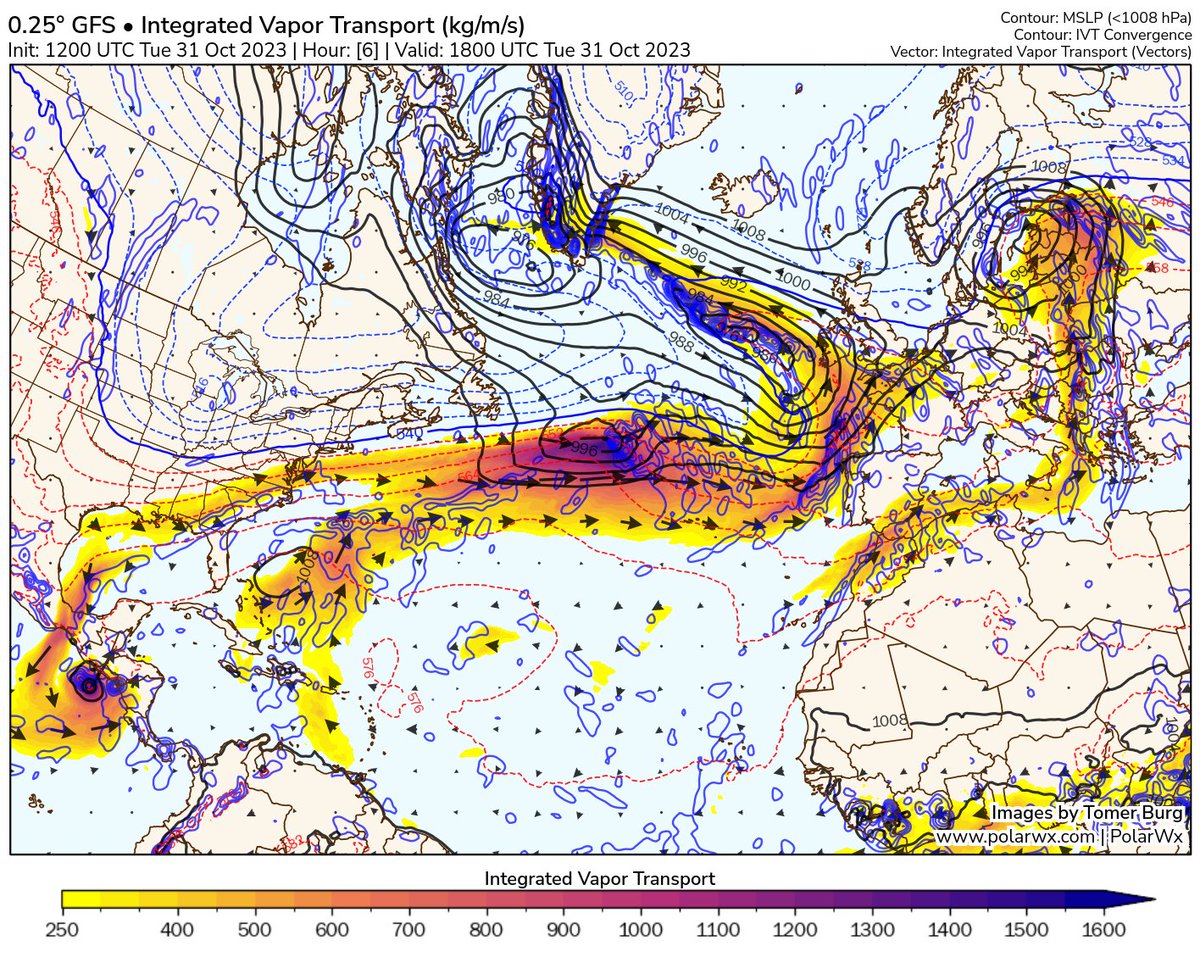 Shallow circulation, lots of moisture, strong IVT convergence right downstream of the center, propagation along baroclinic zone. 

At this stage, Storm Ciarán's dynamics resembles the one of a diabatic Rossby vortex, making it similar to the infamous storm Lothar (1999). (1/7)