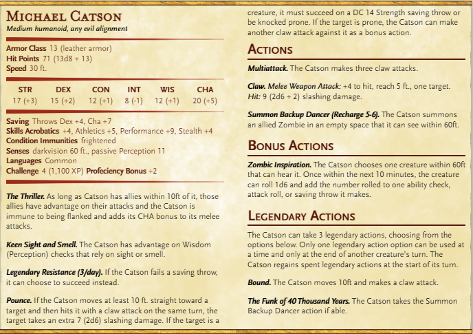 CreatureCrunch's tweet photo. Happy Halloween!

We made a Michal Jackson Thriller stat block for #dnd5e on our bonus Halloween episode of the podcast.

This is a thing we did. https://t.co/zA8nRqdcI9