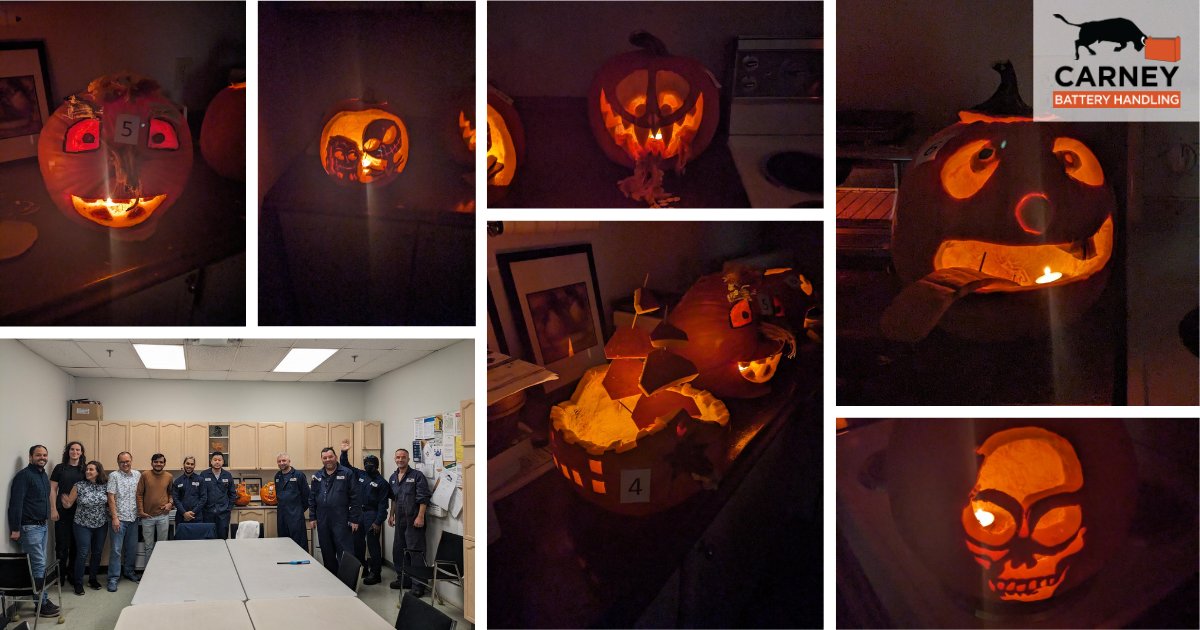 All that remains is the eerie glow of the jack-o'-lanterns. Another year's pumpkin carving contest has come to an end, and the spooky creations are nothing short of fangtastic. Happy Halloween from all of us at Carney! #happyhalloween #jackolanterns #carneybatteryhandling