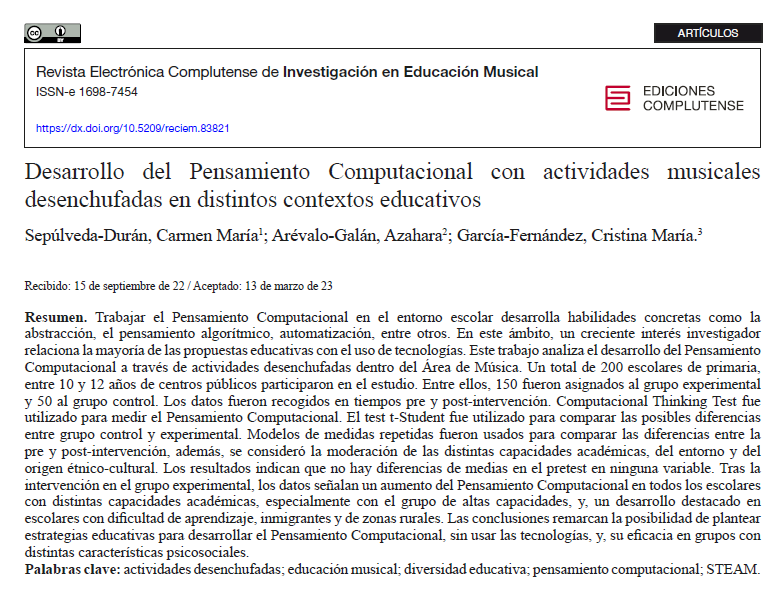 Se ha publicado el artículo "Desarrollo del Pensamiento Computacional con actividades musicales desenchufadas en distintos contextos educativos" (Sepúlveda Durán et al., 2023) <a href="/marisdcamus/">Carmen María Sepúlveda Durán</a> en el que se ha aplicado nuestro Test de Pensamiento Computacional doi.org/10.5209/reciem…