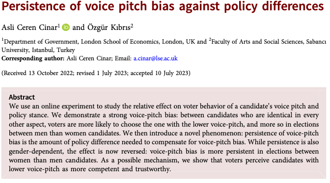 PSRMJournal's tweet photo. 🗣️When political candidates have similar policy stances but their vote pitch differs...

▶️@aslicerencinar &amp; O.Kıbrıs show that voters are more likely to choose the one with the lower voice-pitch https://t.co/P6Ywvk266d #FirstView #OpenAccess https://t.co/b6Qc9Zrr4W