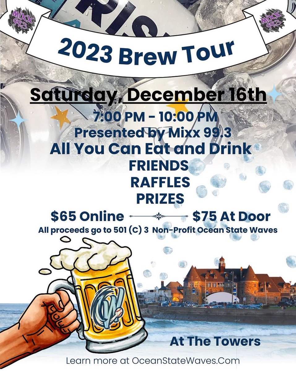 It’s time for the 7th Annual Ocean State Waves Brew Tour, presented by @Mixx993! 🗓️The event will take place Dec. 16th at The Towers in Narraganst, RI from 7pm-10pm. 🔗 Get tickets here: rb.gy/2uajb