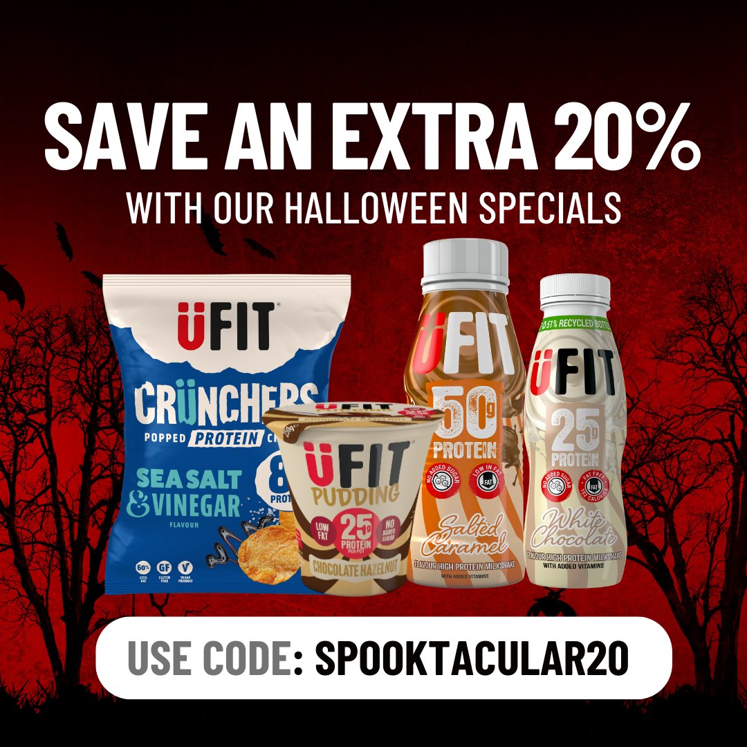 UfitDrinks's tweet photo. Stock up and save an extra 20% off RRP with our Spooktacular Halloween deals with code SPOOKTACULAR20 tonight only!
Ends Midnight 31/10/23
#ufitdrinks #proteinshake #proteindrink #milkshake #lowcaloriesnack #proteinpudding https://t.co/JqCFlVWxvp