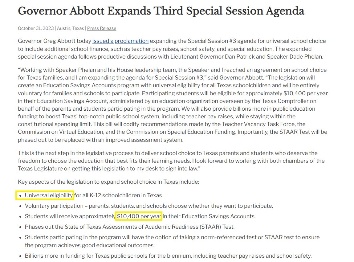 Really?  
Potential fiscal note:  Let's say all 6.2 million school-age children in TX received a $10,400 #txbudget funded ESA (voucher). That's a 2-year cost of $128,960,000,000, or at least $40 BILLION MORE than state spending on public #txed through the Texas Education Agency.