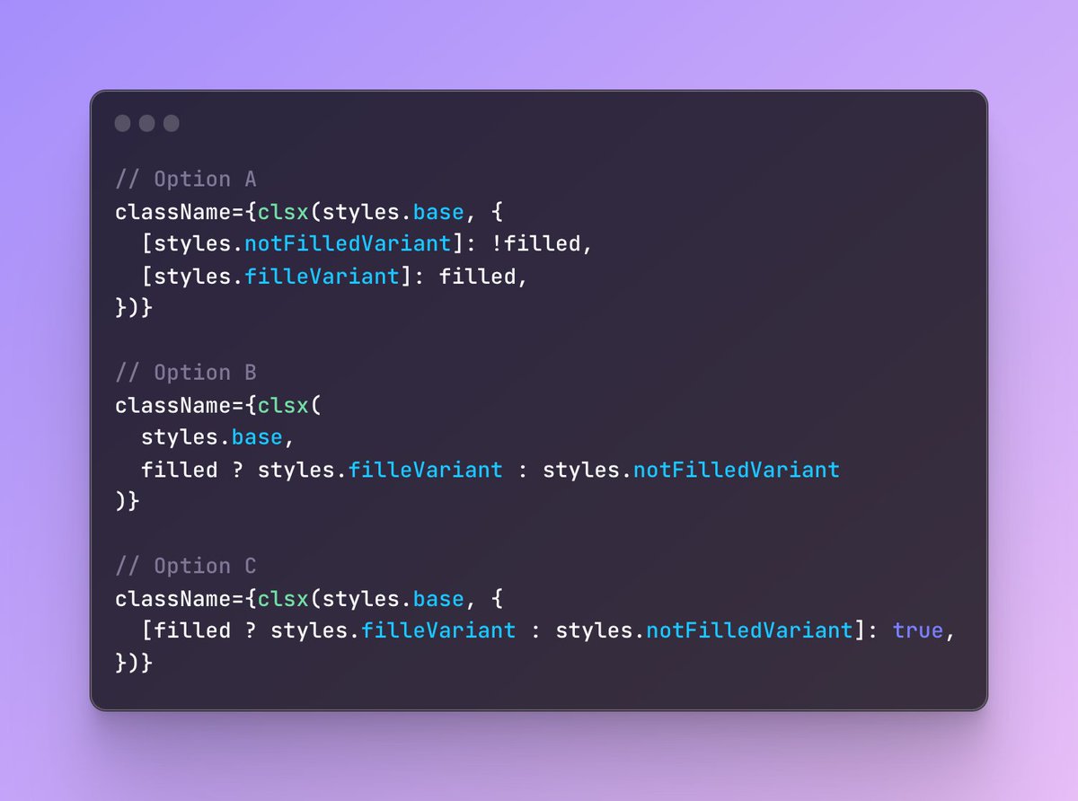 zkMake's tweet image. 🤔 Hey React Devs! Weighing in on some `className` syntax here. Assuming you're using clsx, classnames or similar class name composition utility packages, what is you're preferred syntax?
Let's discuss! 🚀 #React #TypeScript #CodingStyle