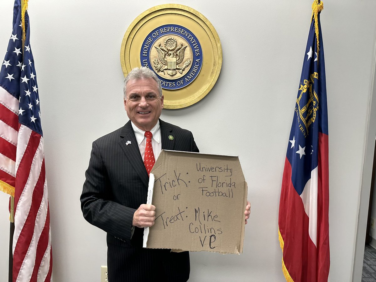 For Halloween this year I'm dressed as none other than Georgia Meme King  @RepMikeCollins, who I'm also supporting for Vice Chair of the House  Republican Conference! Did I do the sign right,, image size:1200x900