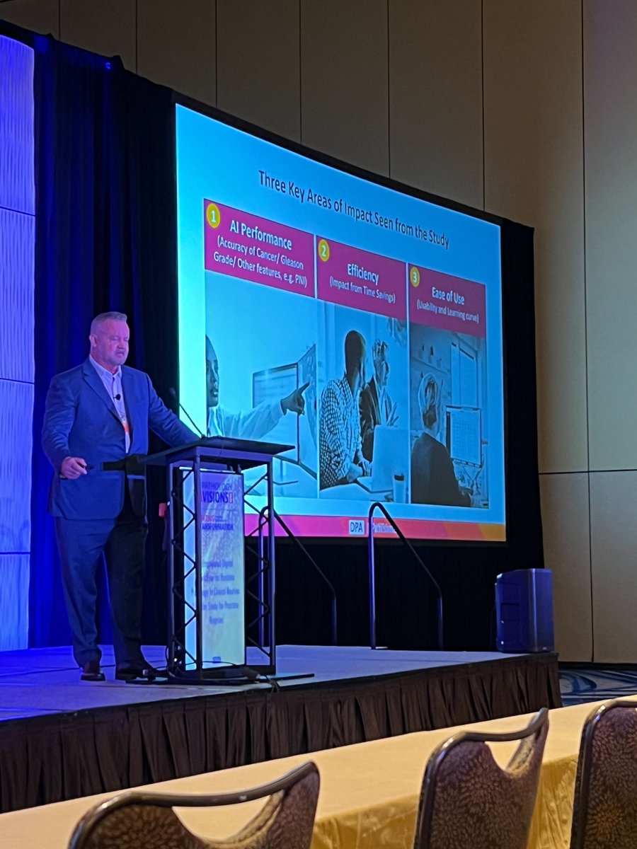 Proscia's tweet photo. Exciting to see Piotr Borkowski, MD on the #PathVisions23 stage to present findings on an AI-empowered digital workflow for prostate pathology. Thanks to Quest Diagnostics/Ameripath & @IbexMedAx for collaborating on this impactful study demonstrating quality & efficiency gains. https://t.co/bBsocwaeXX