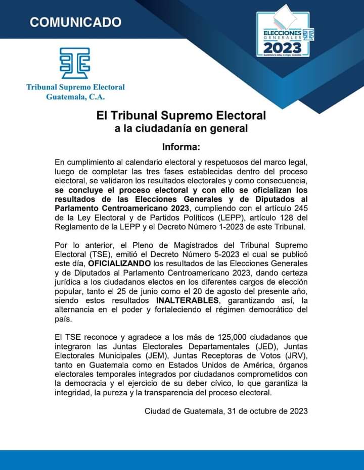 #EleccionesGT | 𝗖𝗼𝗻𝗰𝗹𝘂𝘆𝗲 𝗽𝗿𝗼𝗰𝗲𝘀𝗼 𝗲𝗹𝗲𝗰𝘁𝗼𝗿𝗮𝗹 𝘆 𝗰𝗼𝗻 𝗲𝗹𝗹𝗼 𝘀𝗲 𝗼𝗳𝗶𝗰𝗶𝗮𝗹𝗶𝘇𝗮𝗻 𝗹𝗼𝘀 𝗿𝗲𝘀𝘂𝗹𝘁𝗮𝗱𝗼𝘀 𝗱𝗲 𝗹𝗮𝘀 𝗘𝗹𝗲𝗰𝗰𝗶𝗼𝗻𝗲𝘀 𝗚𝗲𝗻𝗲𝗿𝗮𝗹𝗲𝘀 𝘆 𝗱𝗲 𝗗𝗶𝗽𝘂𝘁𝗮𝗱𝗼𝘀 𝗮𝗹 𝗣𝗮𝗿𝗹𝗮𝗺𝗲𝗻𝘁𝗼 𝗖𝗲𝗻𝘁𝗿𝗼𝗮𝗺𝗲𝗿𝗶𝗰𝗮𝗻𝗼.
